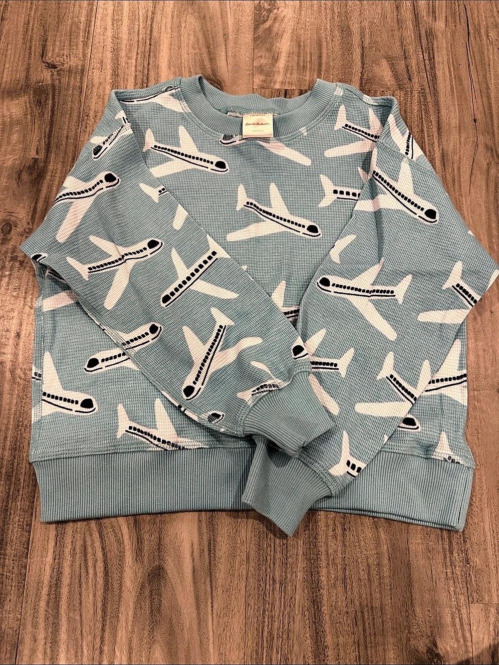 Hanna Andersson Airplane Waffle Knit Pullover Green & Pink Girls US 5 NWOT